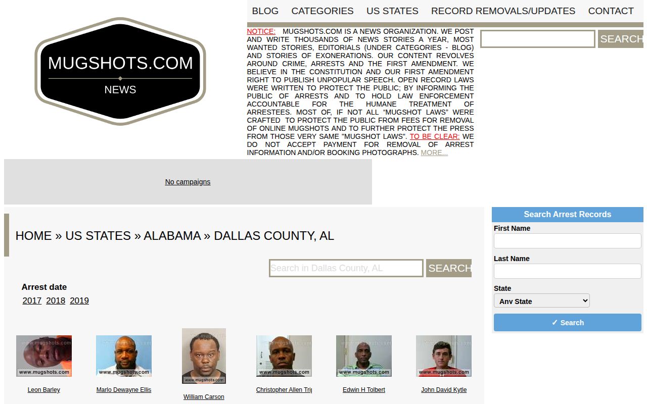 Dallas County unofficial historical mugshot archive interface